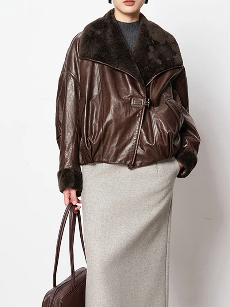 2025 المرأة الدافئة الطبيعية ميرينو الأغنام الفراء طوق معطف أوزة أسفل سترة حقيقية جلد الغنم سترة فضفاضة سترة منفوخة #6