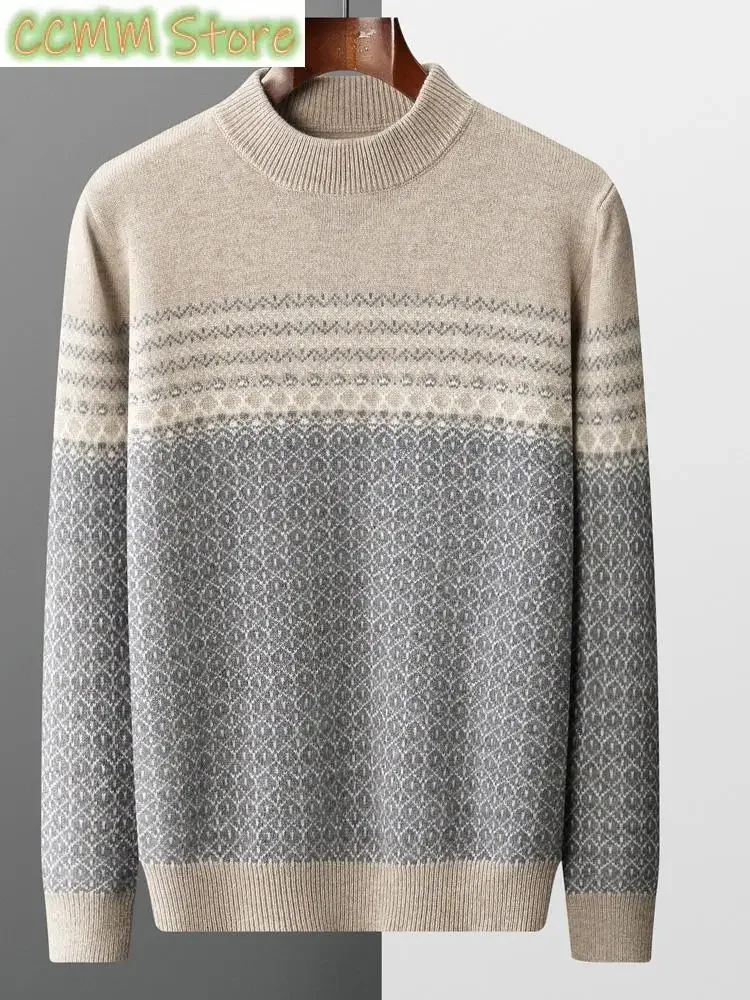 New Men Mock-neck Cashmere Sweater Autumn Winter Thick Pullover 100% Merino Wool Knitwear Jacquard  Knitting Warm Casual Tops