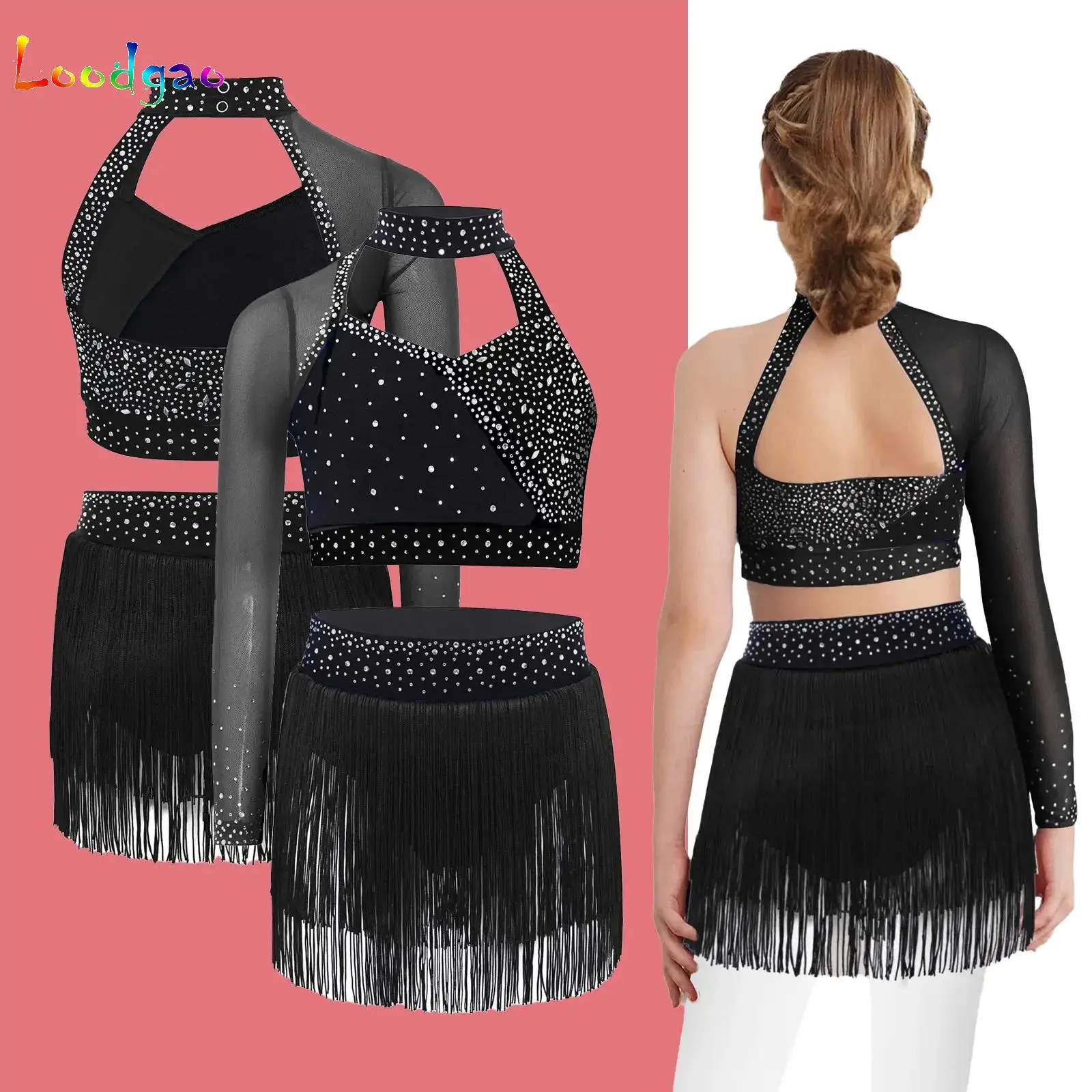 

Kids Girls Modern Lyrical Latin Dance Set Shiny Rhinestones Crop Top+Skirts Outfit for Ballroom Ballet Dance Gymnastics Perform