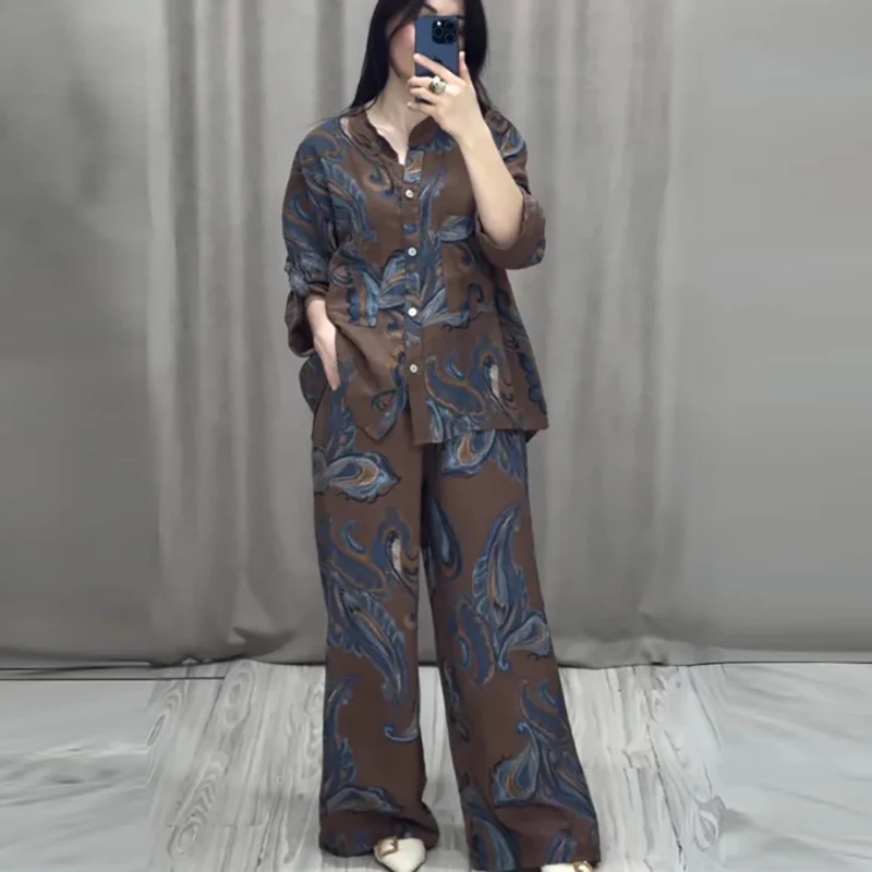 

Vintage Pattern Printed Straight Two Piece Sets Autumn Long Sleeve Button Loose Commuter Outfits Casual Pocket Long Pants Suits