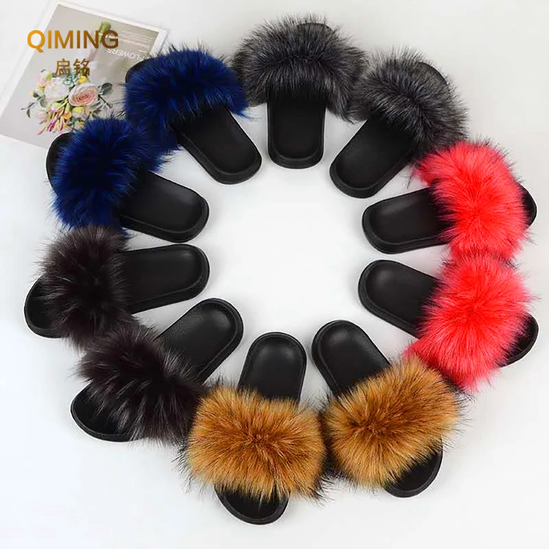 Faux Fur Slippers Summer Fur Slides For Women Furry Slippers Fluffy Sandals Open Toe Fuzzy Indoor Outdoor Shoes Plush Flip Flops