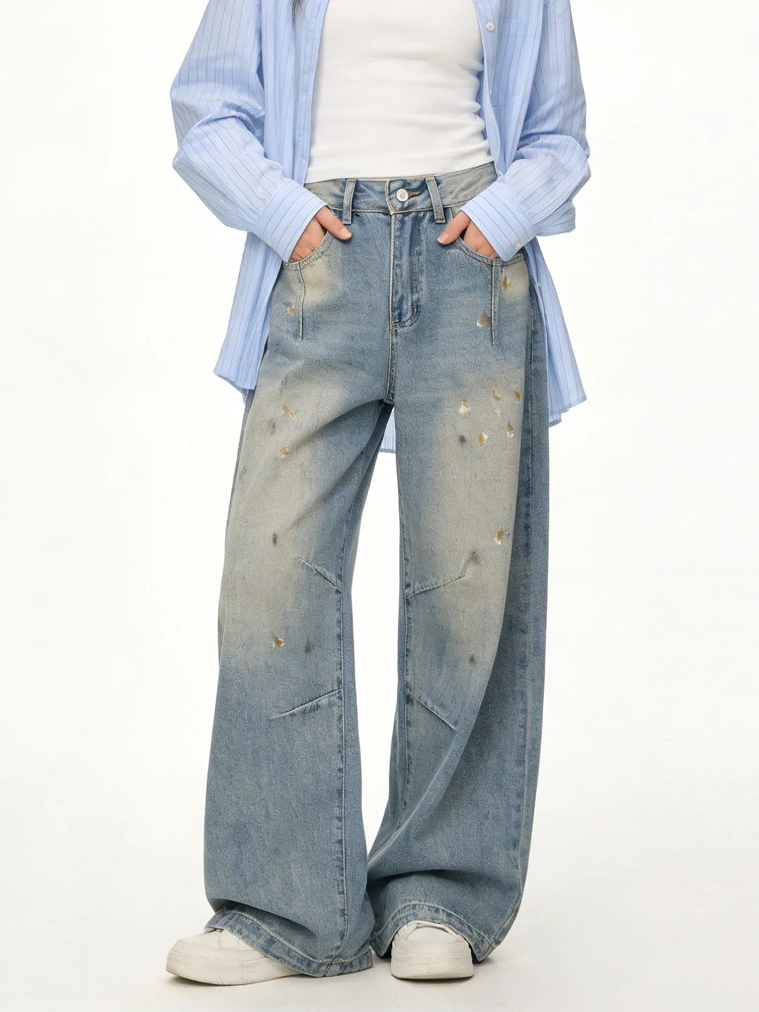 

Washed Vintage Wide Leg Jeans Korean Style High Waist Loose Fit Casual Breathable Light Blue Color Spring New Arrival