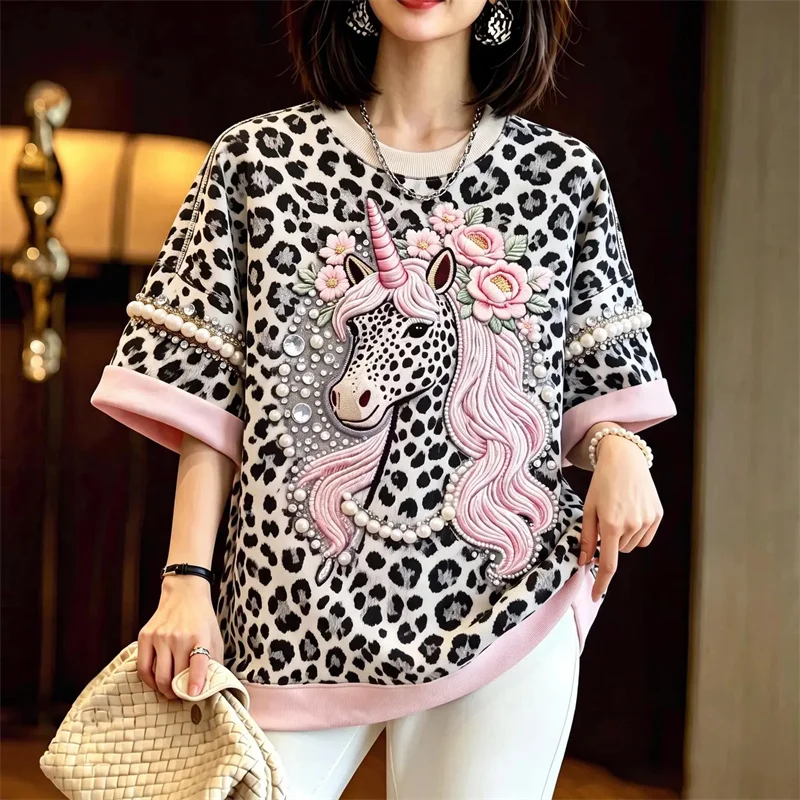 Fashion Women's T-shirts Blouse 2026 New Summer Nail Bead Leopard Print T-shirt Short Sleeve Retro Round Neck Top