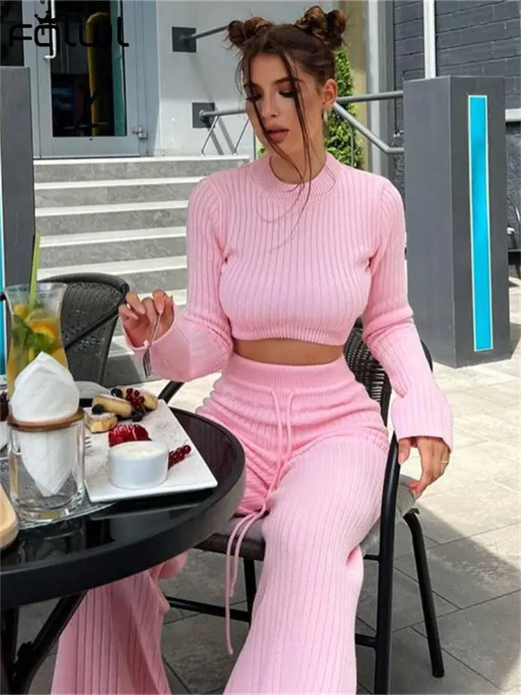 

Habbris Pink Long Sleeve Knitted 2 Two Piece Pant Set Casual For Women 2023 Fall Winter Drawstring Bodycon Crop Top Pants Set