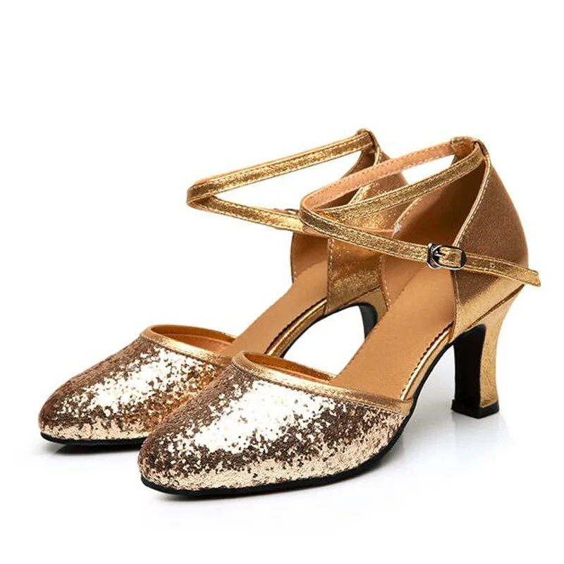 Sequins Glitter Sapatos de dança para mulheres, sapatos fechados para meninas, salão de baile moderno, tango, salsa latina, 3 cm, 5 cm, 7cm