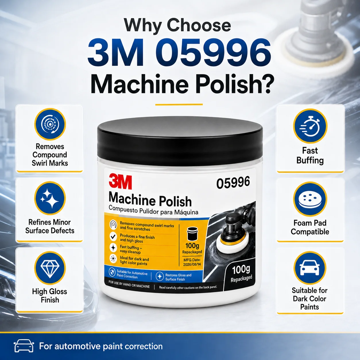 3M 05996 Machine Polish Swirl Mark Remover High Gloss Finishing Polish for Automotive Paint Refinishing Cars 100g Repacked