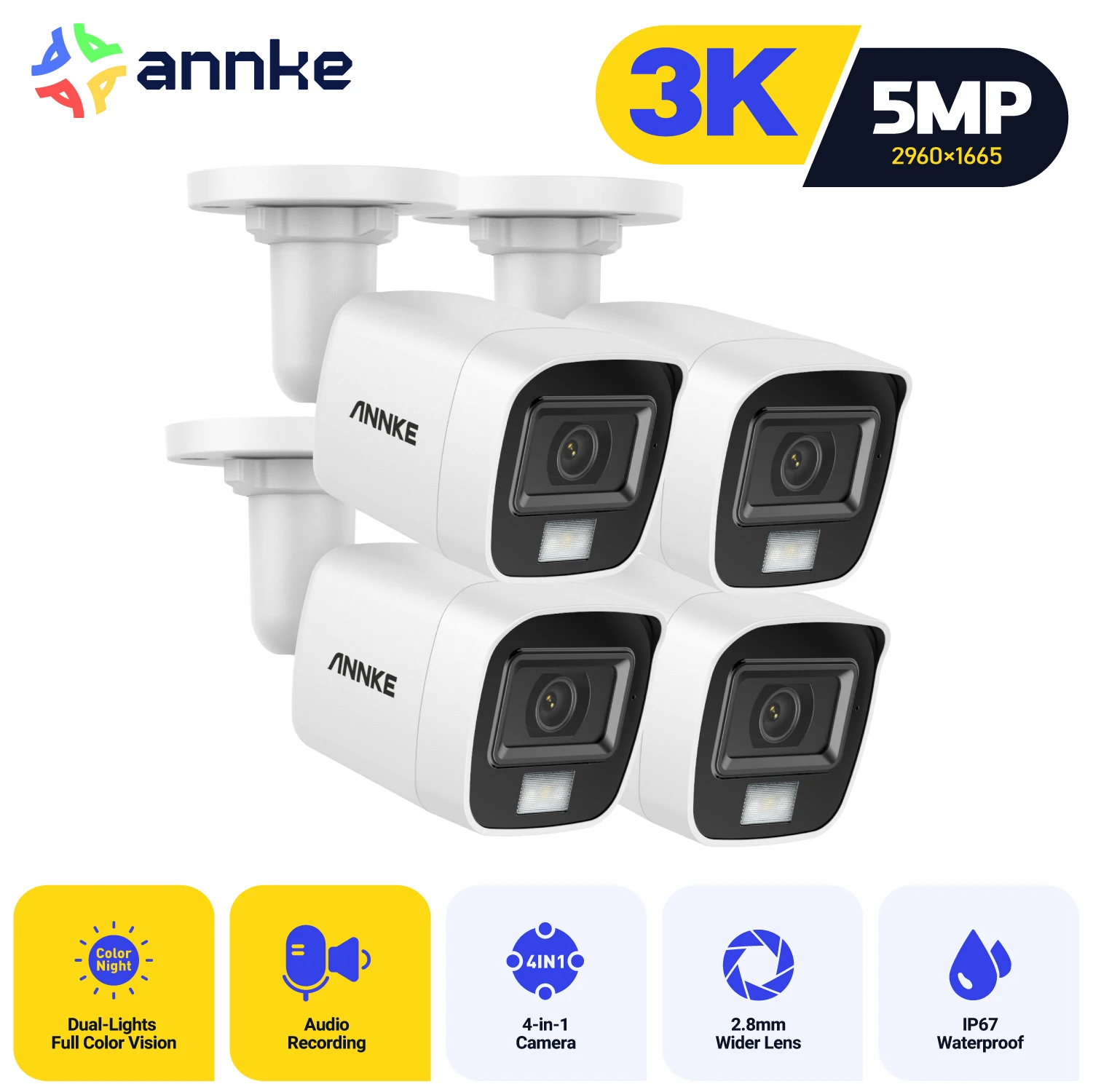 

ANNKE 4 шт. 5MP камеры видеонаблюдения уличная купольная камера видеонаблюдения IP67 водонепроницаемый ИК-фильтр комплект камеры