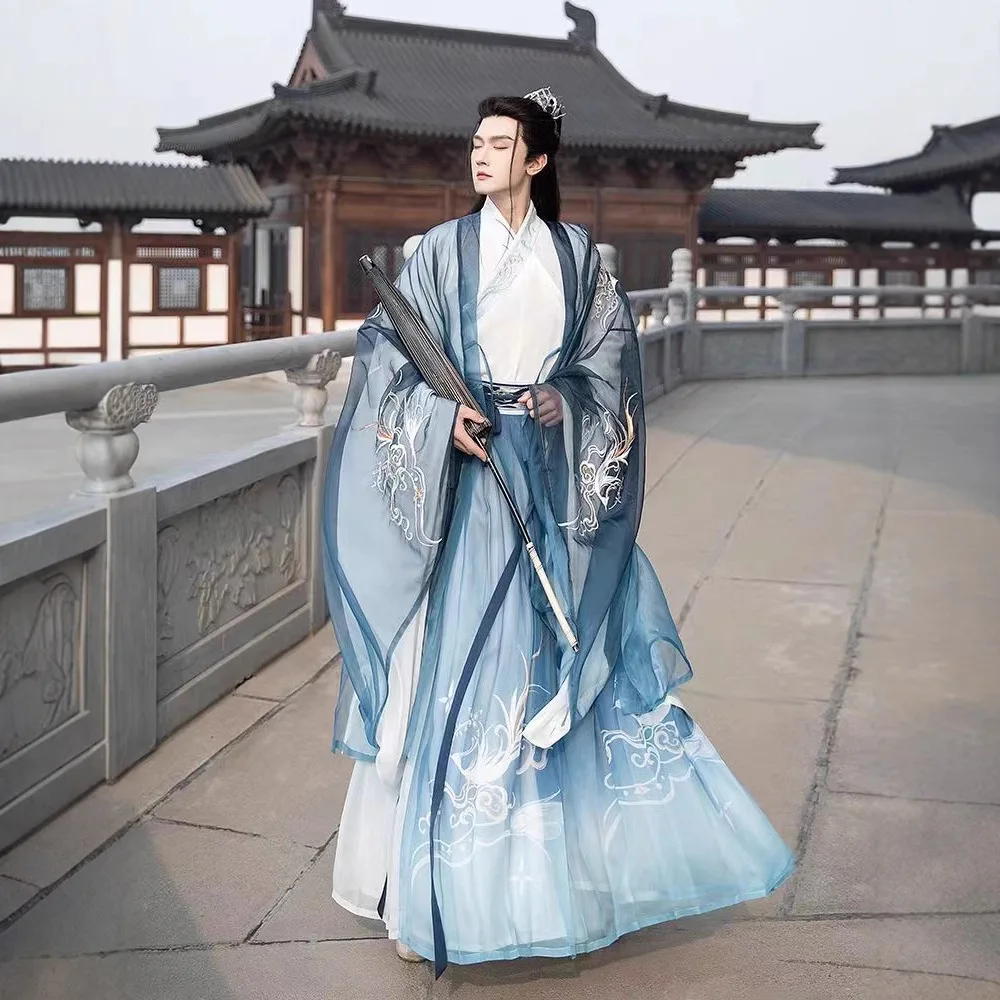 هان الملابس الصينية للرجال Chivalrous نمط زي مطرز قميص كبير الأكمام الخصر وفستان وي صيف جديد