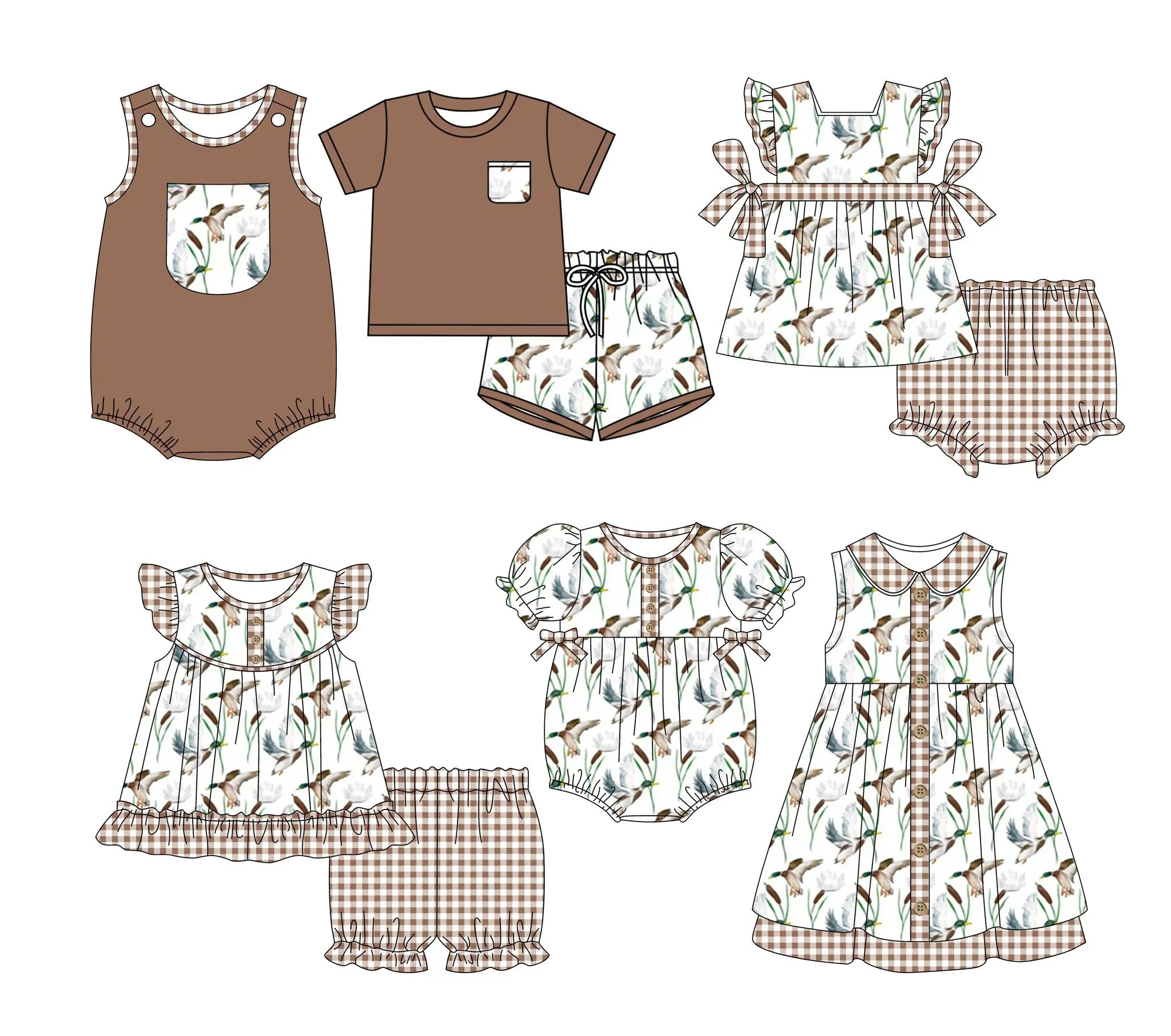 Summer boutique children's clothes pearl duck grass printed shorts plaid elastic girls boys printed shorts set baby romper dress