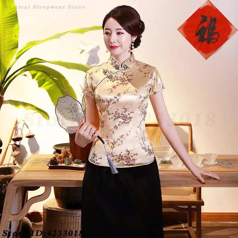 Traditionele Tang Kleding Dame Slanke Qipao Tops Vintage Mandarijn Kraag Shirt Chinese Stijl Satijnen Blouse Plus Size 4XL Cheongsam