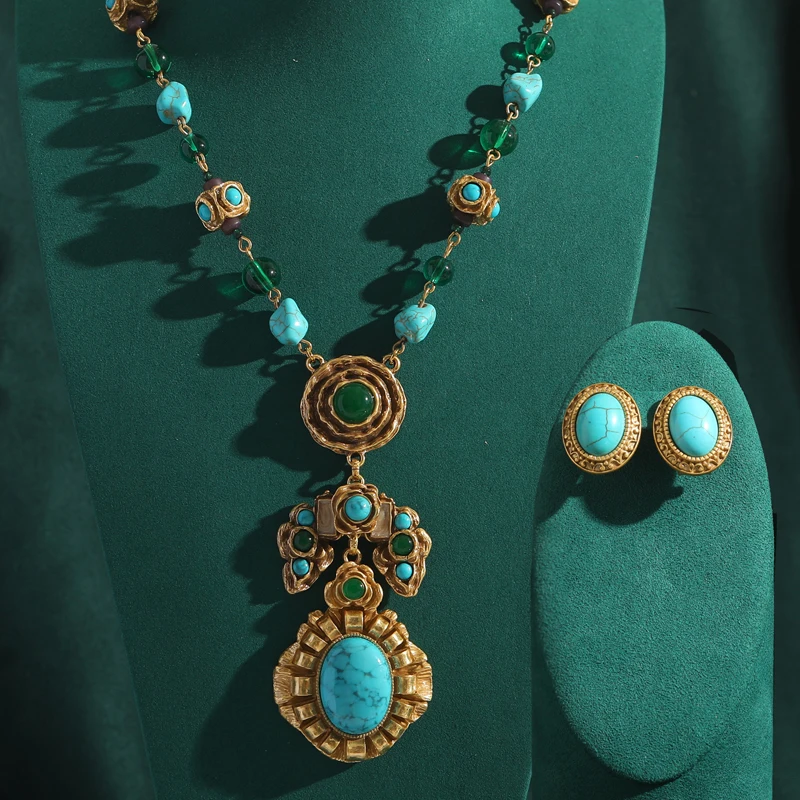 

Vintage Gold Color Turquoise Jewelry Sets Pendent Beads Necklace Oval Stone Earrings Brand For Woman 2026 Engagement Accessories