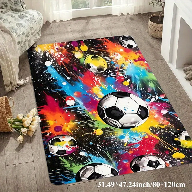 Soccer Ink Splat Art Doormat, Vibrant Colorful Football Pattern Welcome Rug, Creative Eye-Catching Non-Slip Floor Mat for Home