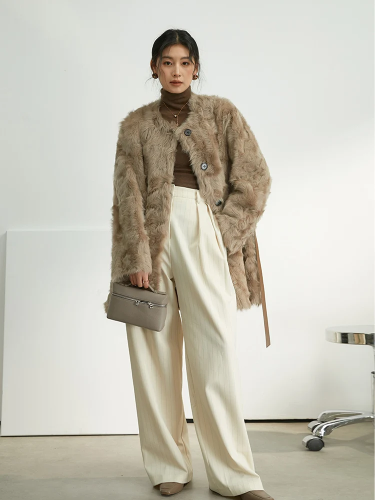 High-end หรูหราของแท้หนังขนสัตว์ฤดูหนาวสําหรับผู้หญิงสวมใส่สองด้านออกแบบความยาวกลาง Belted Lamb FUR JACKET