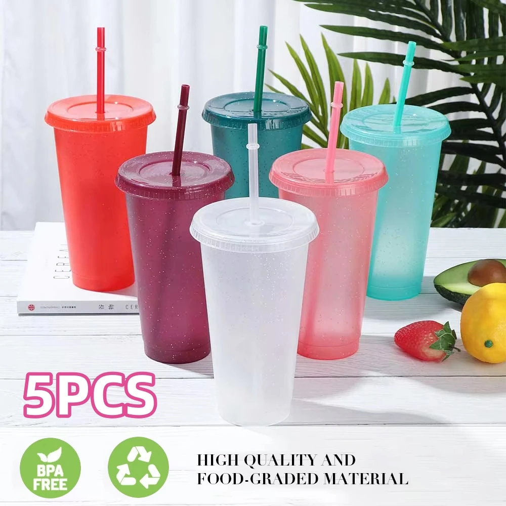 5PCS Flash Powder Tumbler With Straw Reusable Hard Plastic Cups For Party Girl BPA FREE Water Bottles Wholesale