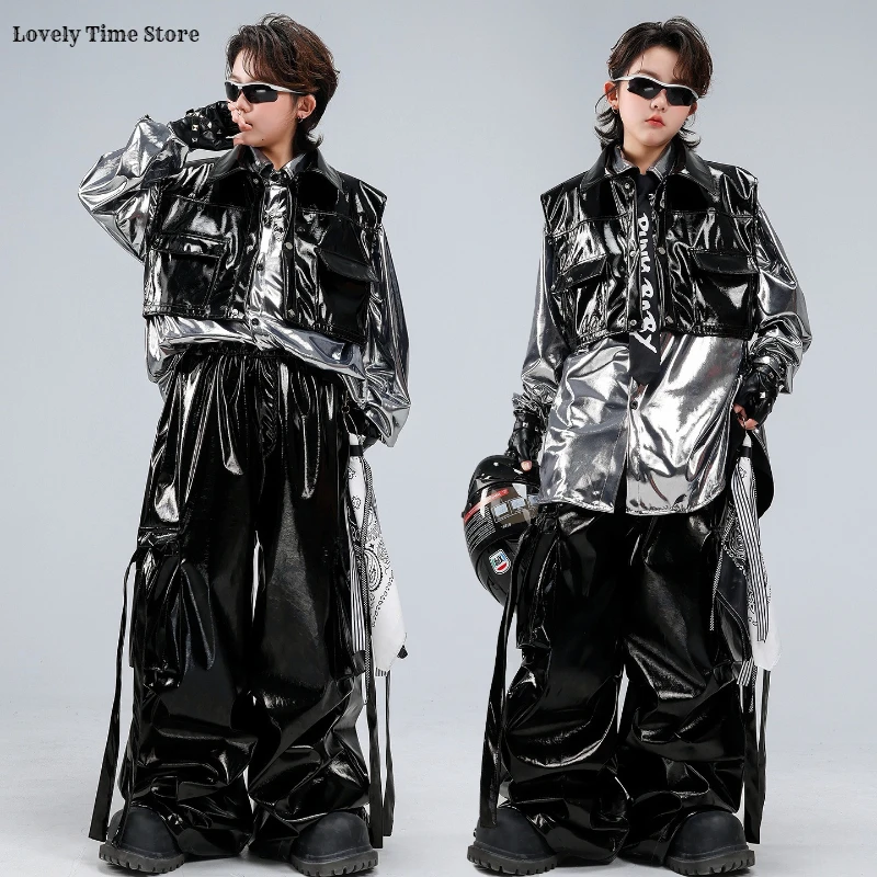 

Boys Hip Hop Silver Shirt Street Dance Shiny Vest Cargo Pants Girls K-pop Costume Kids Jazz Clothes Set Children Cool Streetwear