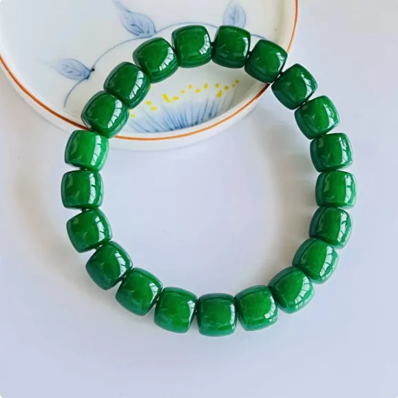 Grade A Natural Myanmar Jadeite Bracelet Imperial Green Barrel Beaded Jade Bangle Authentic Burmese Jade Beads Bracelets