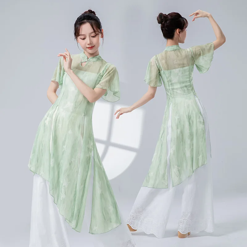 Top da danza classica da donna con orlo diviso, camicia lunga in rete di garza, collo cheongsam, performance Hanfu, camicetta fluida velata, abbigliamento da ballo