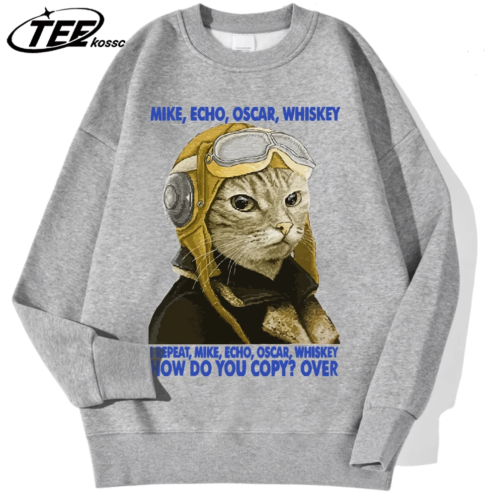 

Толстовка с принтом «Кошки делают Эхо Оскар» и виски, мужские флисовые повседневные пуловеры с круглым вырезом, свободная одежда, мужская мода в стиле ретро с длинным рукавом