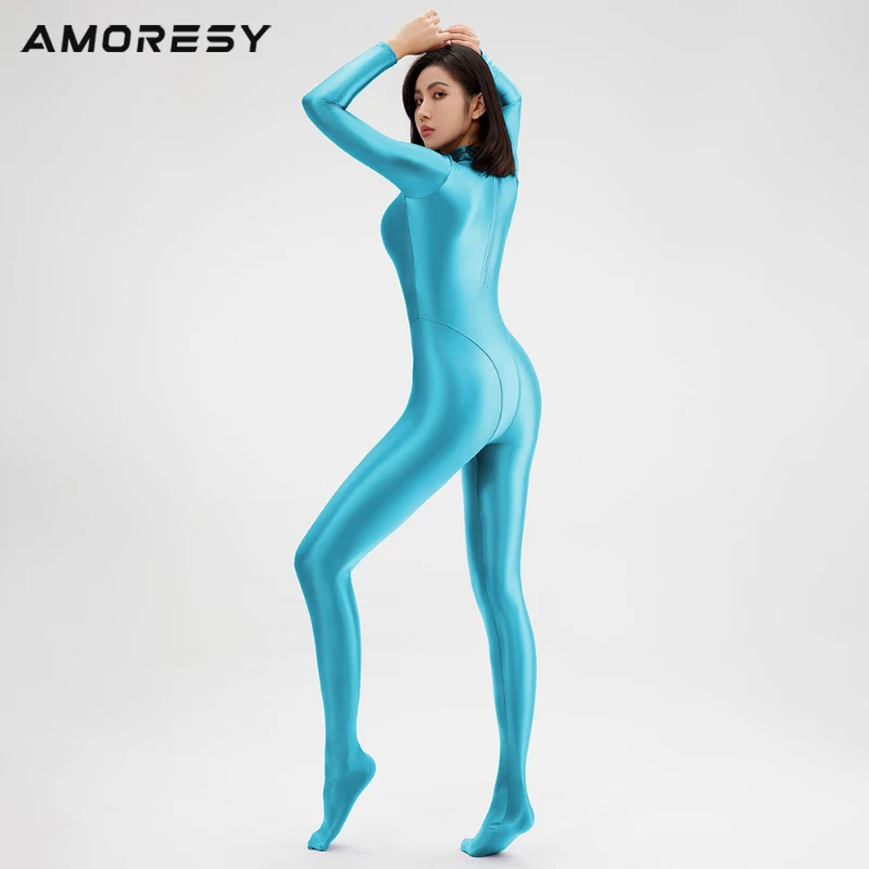 AMORESY Sexy Brilhante Manga Longa Corpo Inteiro Collants oleo Suave Correndo macacao Yoga Zentai Casual Meia-calanza Esportiva