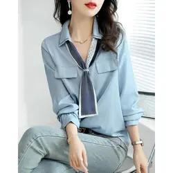 Commuting Simple V-neck Lace-up Long Sleeved Shirt for Women's Spring Autumn New Fashion Casual Loose Temperament Elegant Top