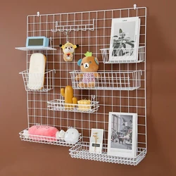 DIY Metal Grid Panel Wall Organizer Wall-Mounted Grid Hanging Shelves Hooks Photo Frame Versatile Display Rack