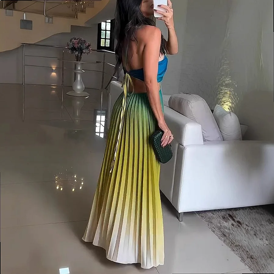 Sleeveless Pleated Backless Gradient Dress Summer Dresses Women Party Evening