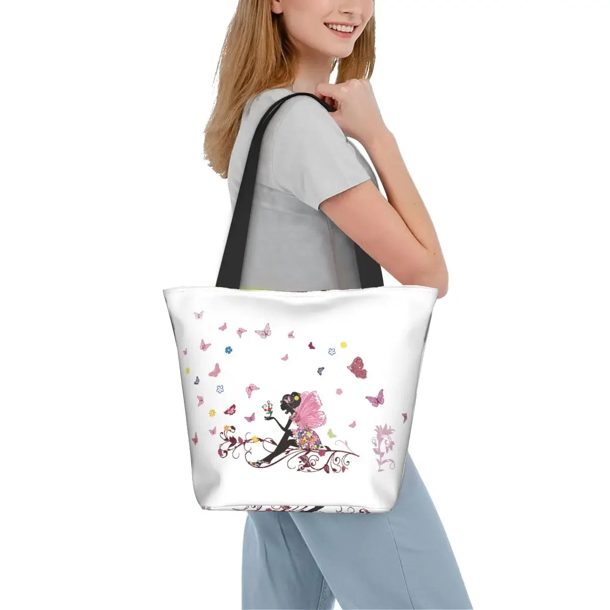 Bolso de mano con estampado divertido de Hada de las flores para niñas, bolso de hombro de lona portátil para compras