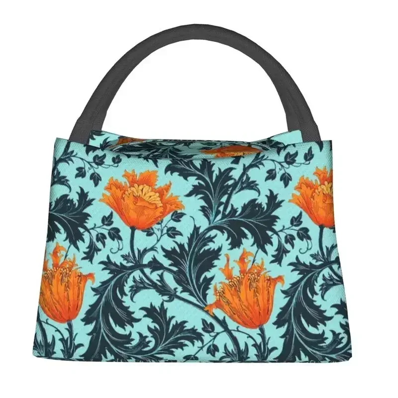 William Morris Anemone Insulated Lunch Bags for Women Resuable Indigo Blue And Coral Thermal Cooler  Box Picnic Travel