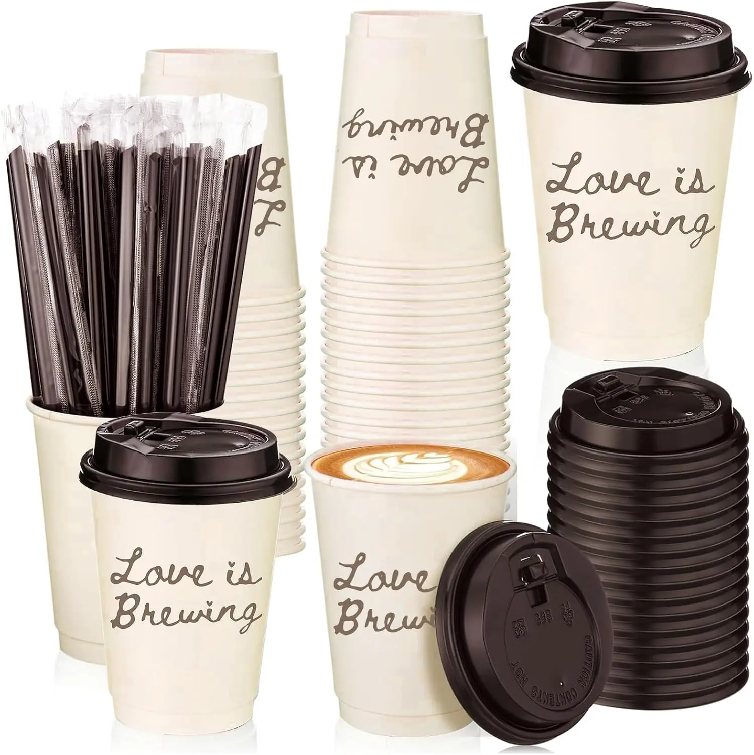 

60 Sets Wedding Coffee Paper Cups with Lids Straws Love is Brewing Bridal Shower Decoration Double-Wall Drinking Cups fo
