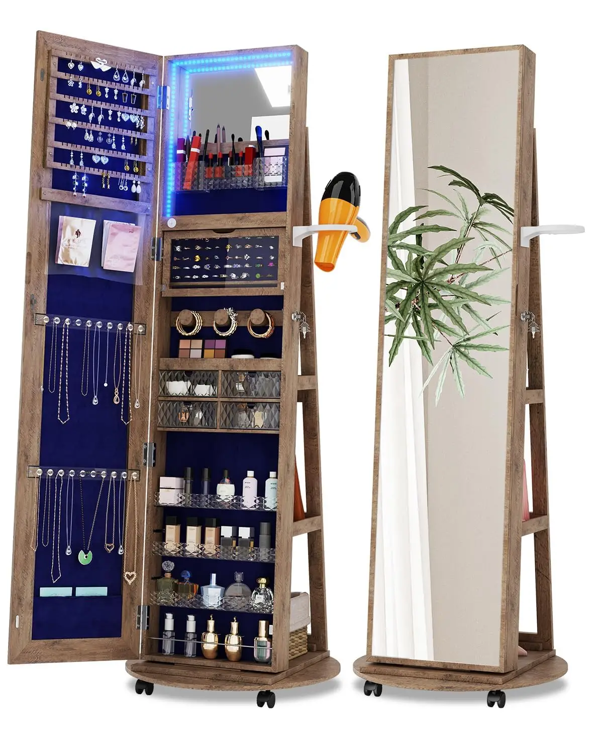 Armario para Joyas con Espejo y Cerradura, Gabinete de Almacenamiento con Luces LED Giratorias de 360°, de Madera de Nogal, Personalizado