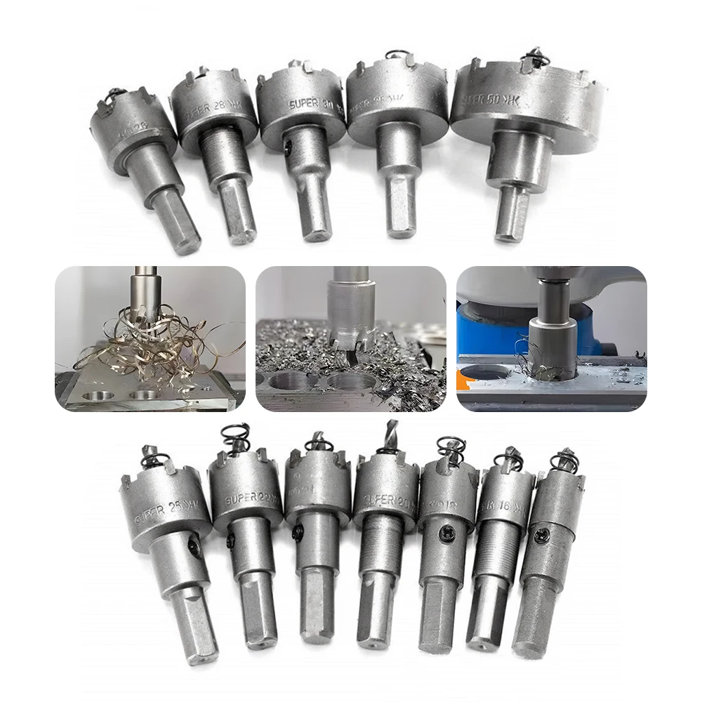 12Pcs15-50mm Alloy Hole Saw Set Carbide Tip TCT Metal Cutter Core Drill Bit Kits for Stainless Steel Metal Drilling Crown