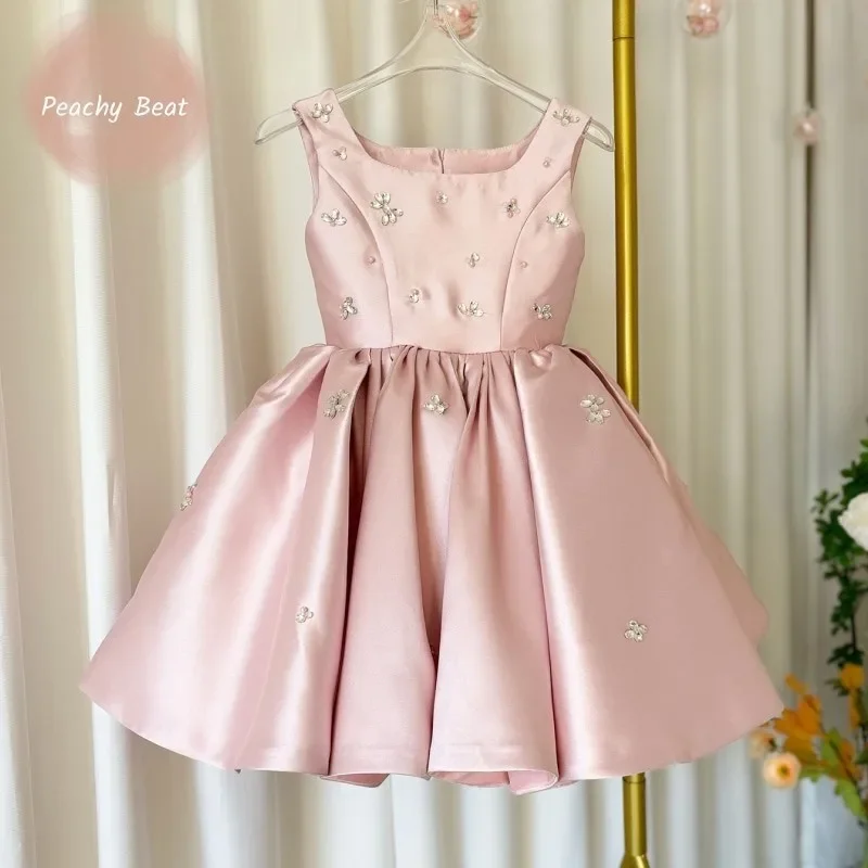 

Pink Satin Flower Girl Dress Sleeveless with Cut - Out Back & Rhinestone Details Princess Ball Gown for Wedding Party & Ceremony