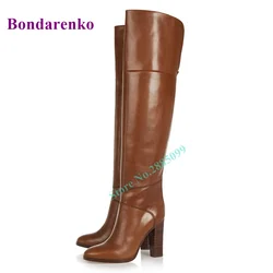 Brown Round Toe Women's Boots Over The Knee Chunky High Heel Solid Leather Fashion Women Shoes Party Dress Zipper Winter Boots