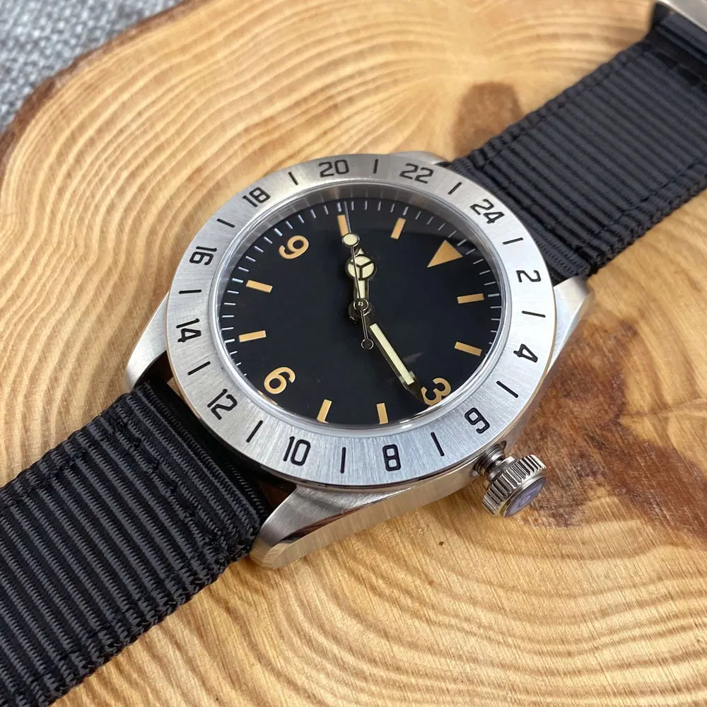 39mm Automatic Watch for Men NH35 PT5000 Movement Black Dial Sapphire Crystal 24 Hours Bezel Nylon Strap Scew-in Crown view 4