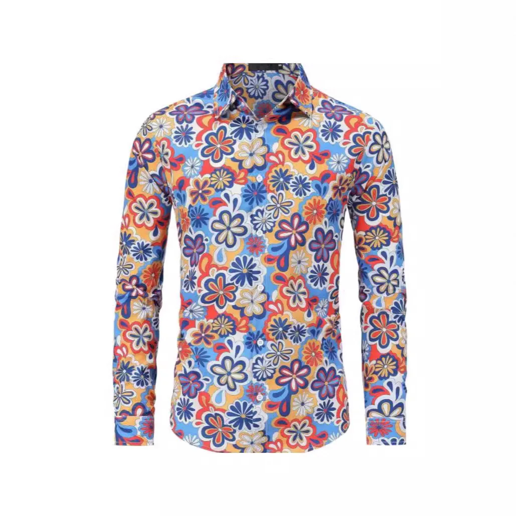 

Хэллоуин хиппи мужская 70-го поколения диско хип-хоп пуговицы цветочный винтаж рубашка с длинным рукавом