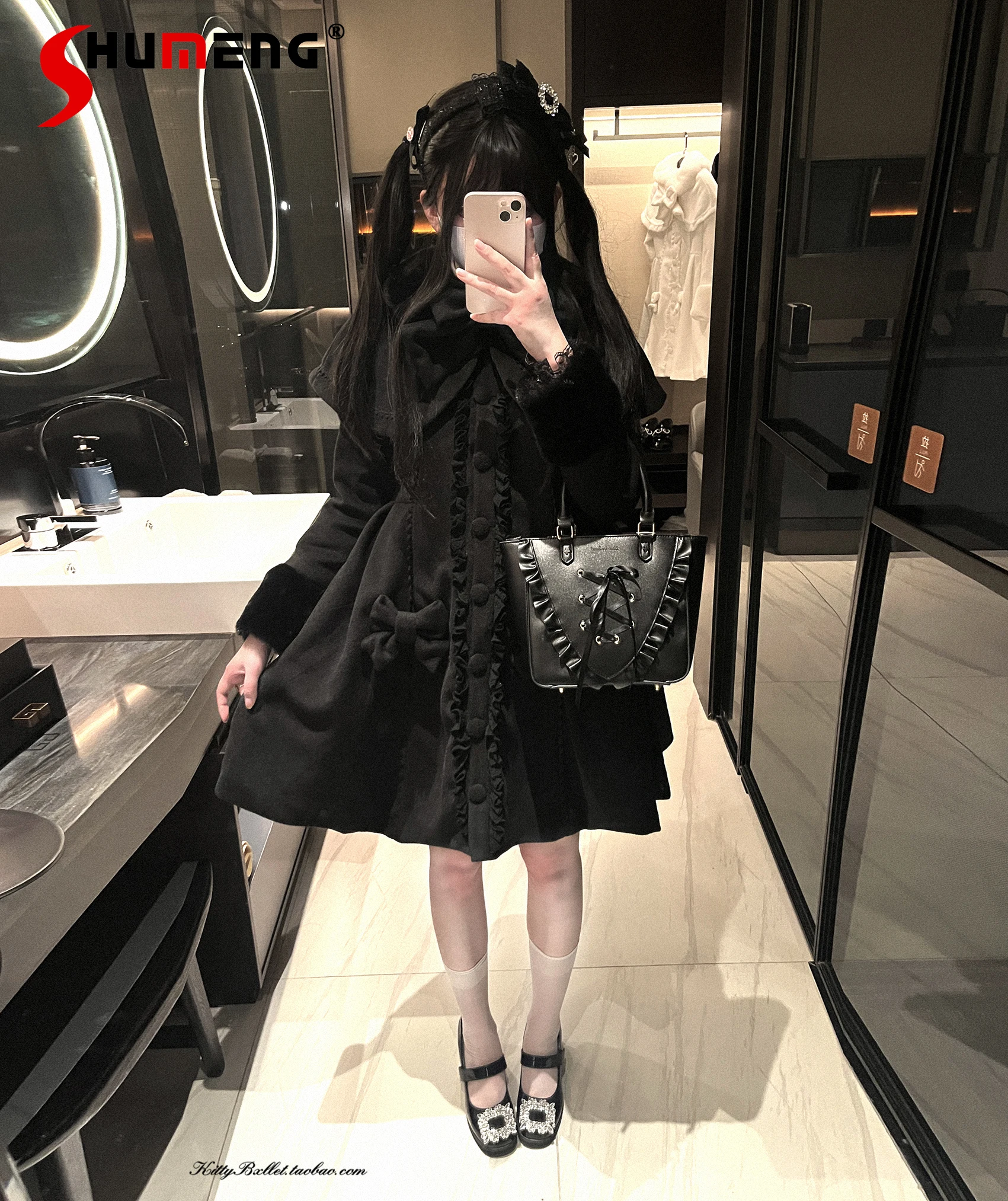 

Japanese Style Mine Sweet Woolen Coat Female Elegant Slim Bow Removable Fur Collar Long Cape Jacket New Autumn and Winter 2025