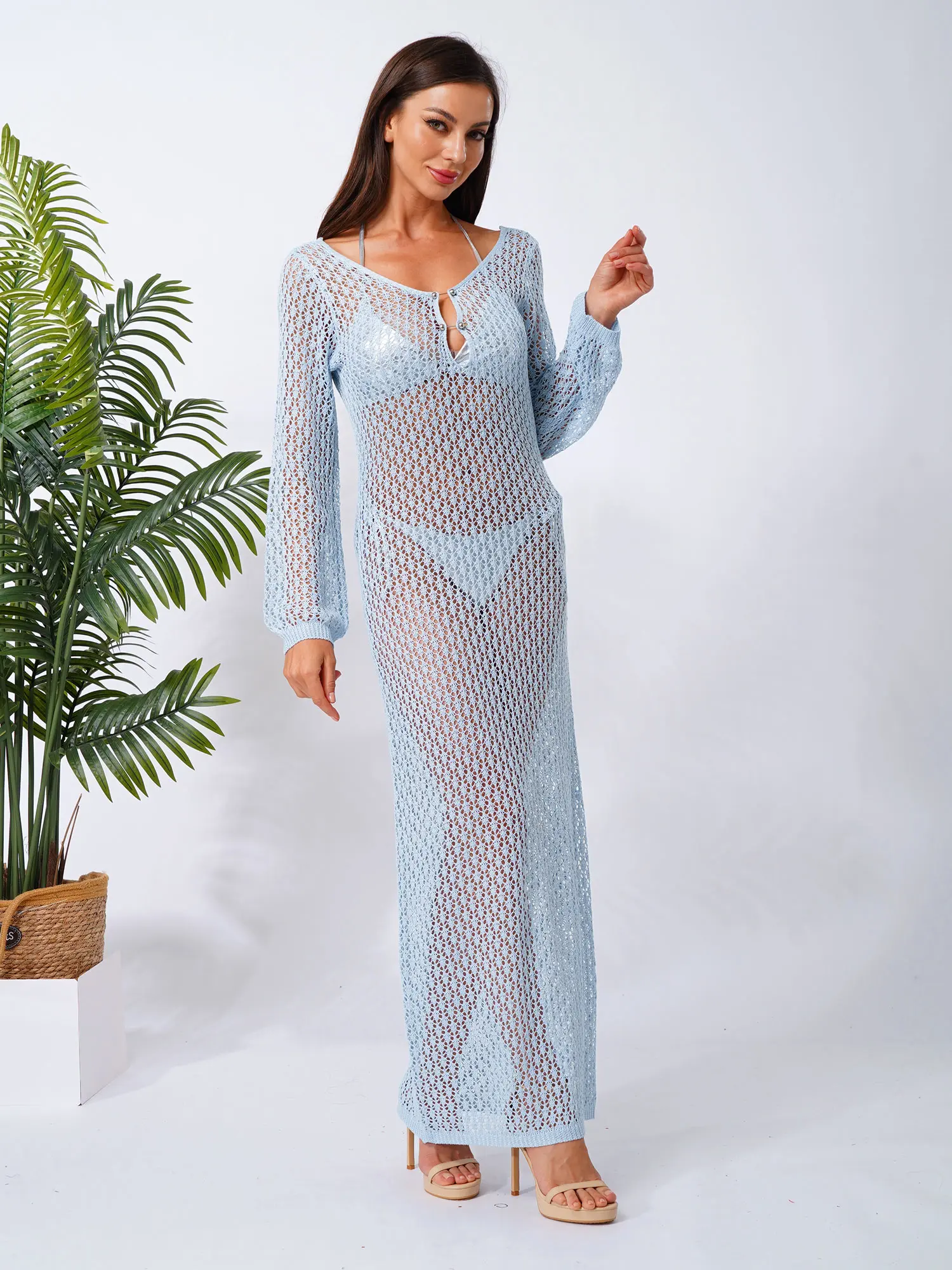 

Women Hot Sexy Bikini Cover-Ups Knitted Backless Beach Dress for Beach Swimwear Bathing Suit Cover Ups Hollow Out Beachwear