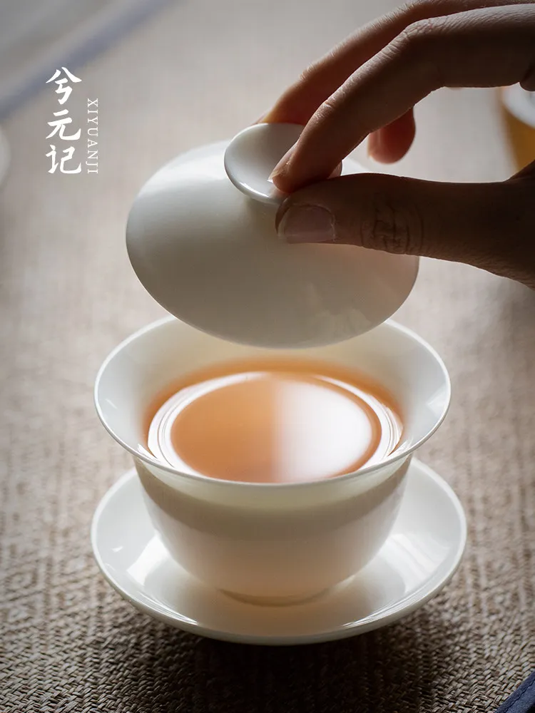 Mutton Fat Jade Gaiwan Lid Single High-Grade Tea Bowl Rock with Tasting Cup