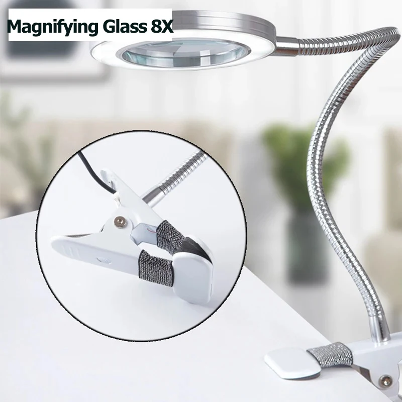 8X Adjustable Magnifier Portable LED Desk Lamp Magnifying Glass with Clip and Circular Light for Elderly Reading/Repair/Jewelry