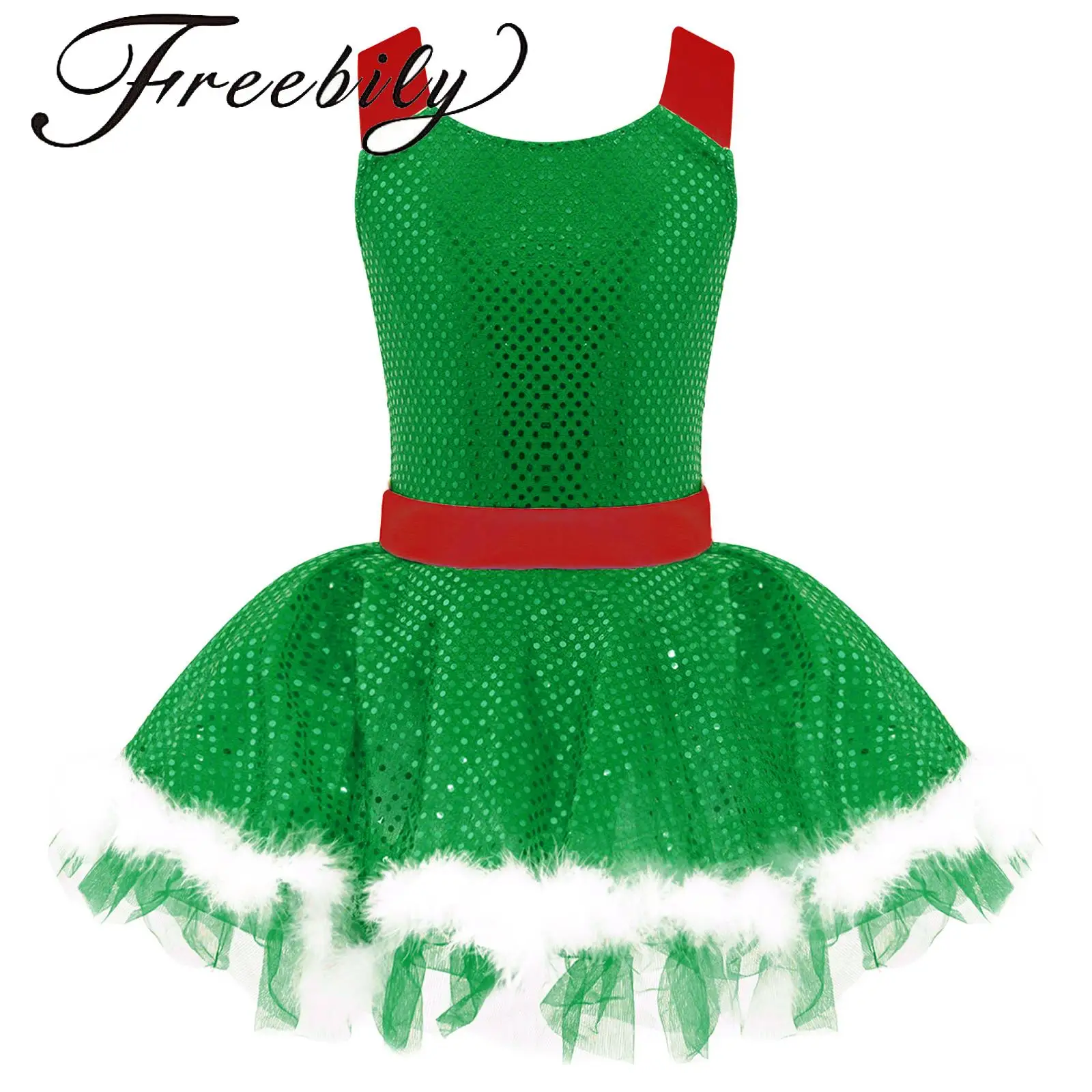 

Kids Girls Christmas Sequin Ballet Tutu Dress Snowman Costume Xmas Santa Claus Gymnastic Skating Faux Fur Leotard Cami Dress Set