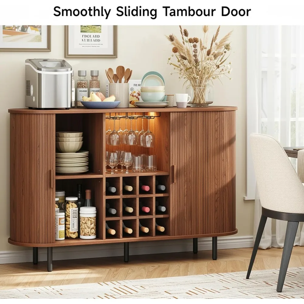 Szafka barowa z rowkami na wino, 55 cali, szafka na alkohol z oświetleniem LED, szafki barowe do kawy z miejscem do przechowywania, komoda w stylu mid-century modern C