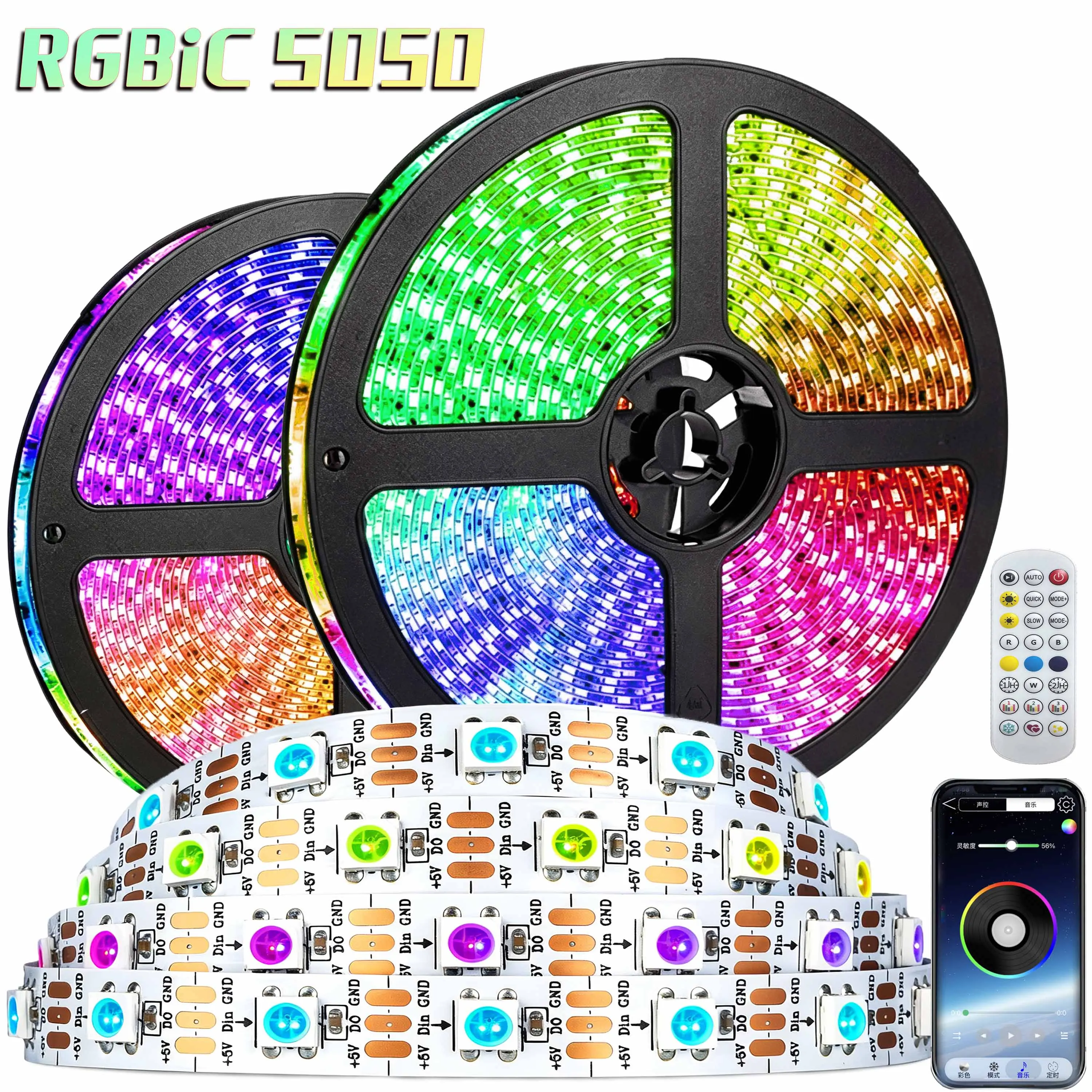 RGBIC 5050 LED Strip Lights 3FT 16FT 32FT 98FT Bluetooth APP USB WS2812 Flexible Full Color Atmosphere Decoration Light Strip