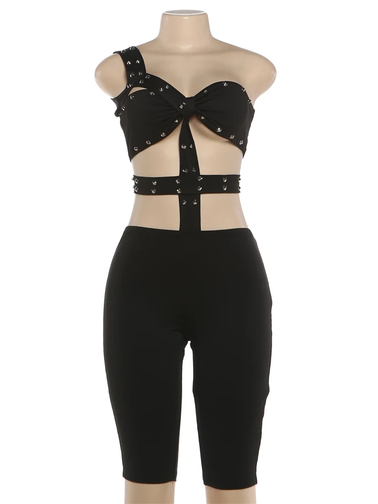 Sisterlinda Rivet Sexy Halter Romper für Damen, rückenfrei, ärmellos, unregelmäßig geschnitten, taillenlos, Sommer, sexy, eng anliegend, Club, Mitternacht, Playsuits – Detail 3