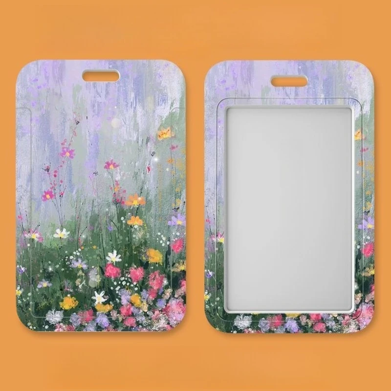 Purple Ins Style Floral Student Campus Lanyard Cards Holder Keychain Photo Sleeves Bank Business Work Card Holder for Kids Gift