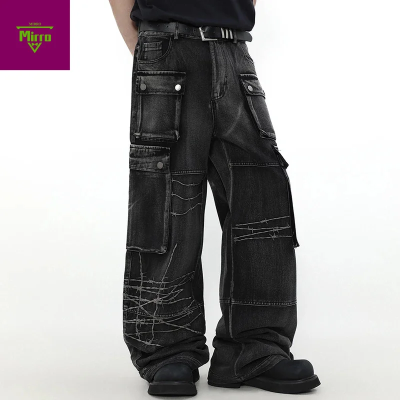 Loose Wide Leg Denim Pants Men Black Baggy Jeans Embroidery Multi Pocket Oversized Cargo Jeans Hip Hop Streetwear Man Jeans