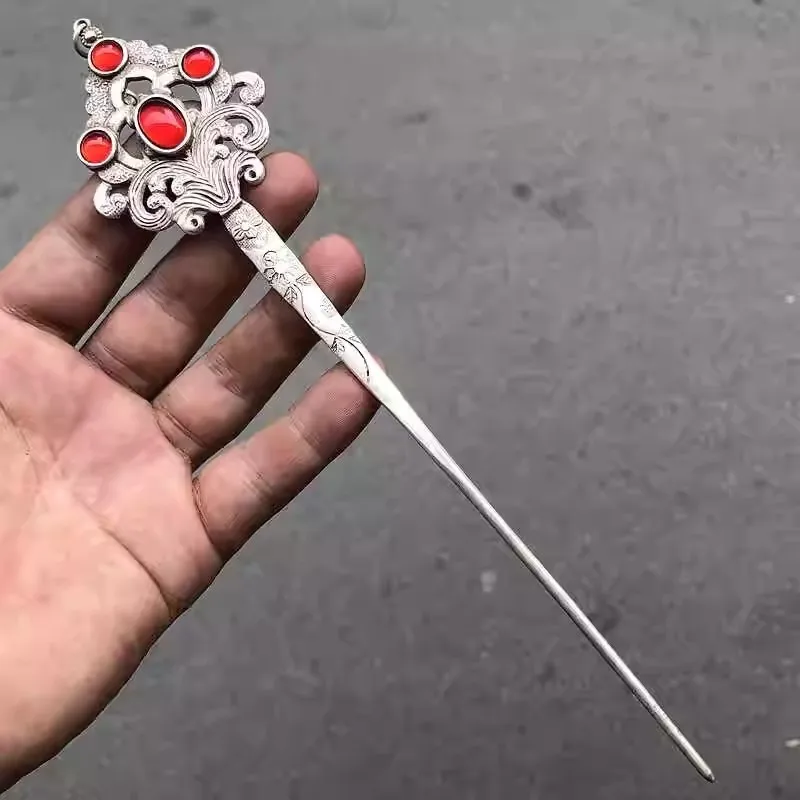 Red Jade Beads Inlaid Old Tibetan Silver Hairpin,Chinese Old Craft Made