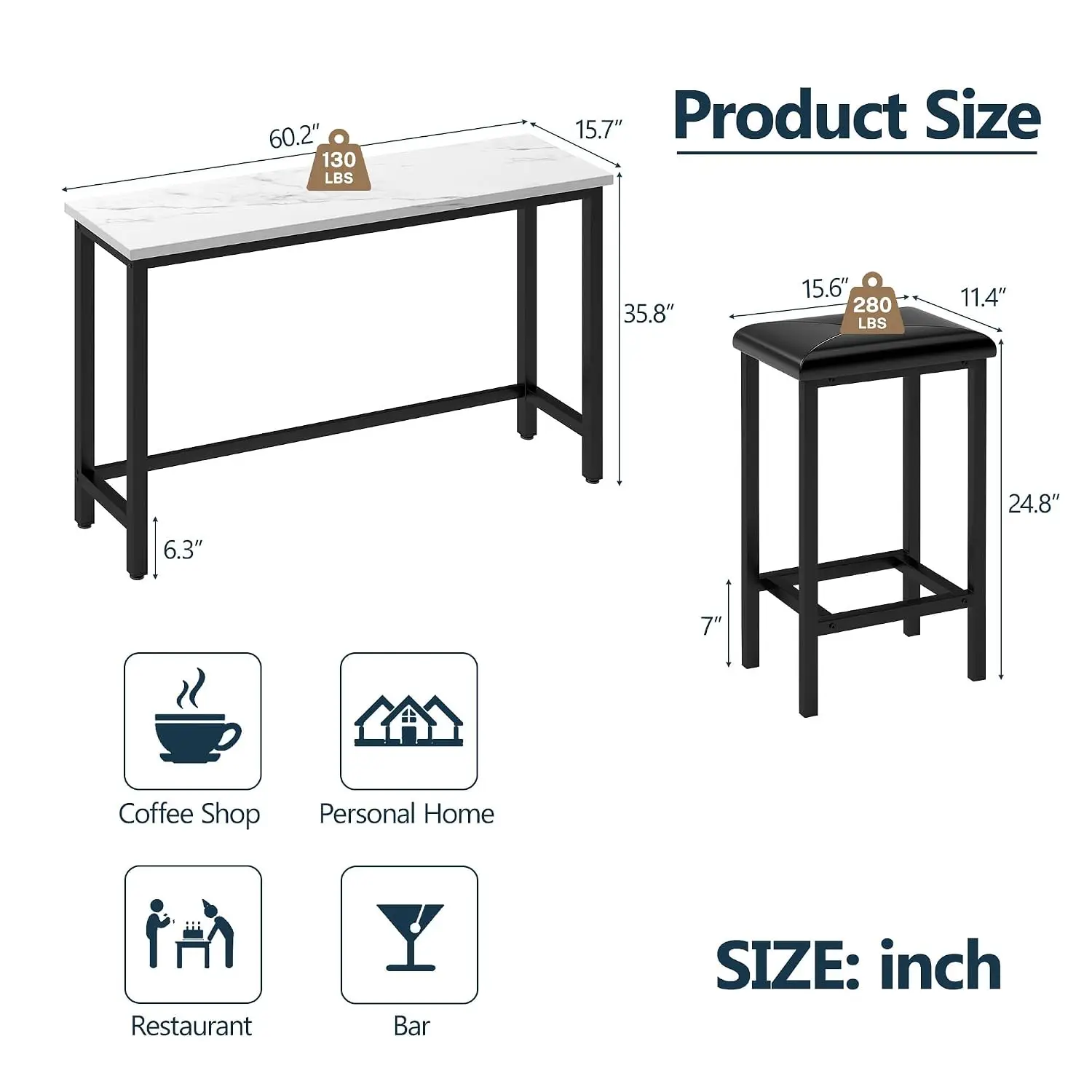 4-Piece Bar Table And Chairs Set With 3 PU Upholstered Bar Stools, 60.2