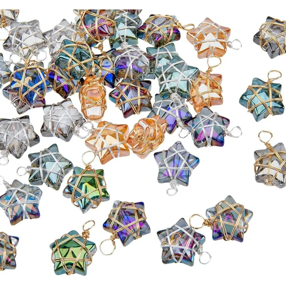 40Pcs Wire Wrapped Star Pendants AB Color Electroplate Glass Charms Mixed Color Crystal Dangle Charms for Earring making kit