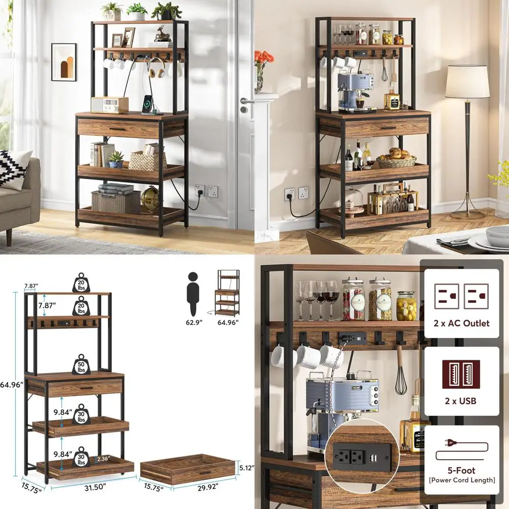 

5-ярусная подставка для микроволновой печи с выдвижными ящиками, розетками и 6 крючками в деревенском коричневом цвете для кухни и столовой