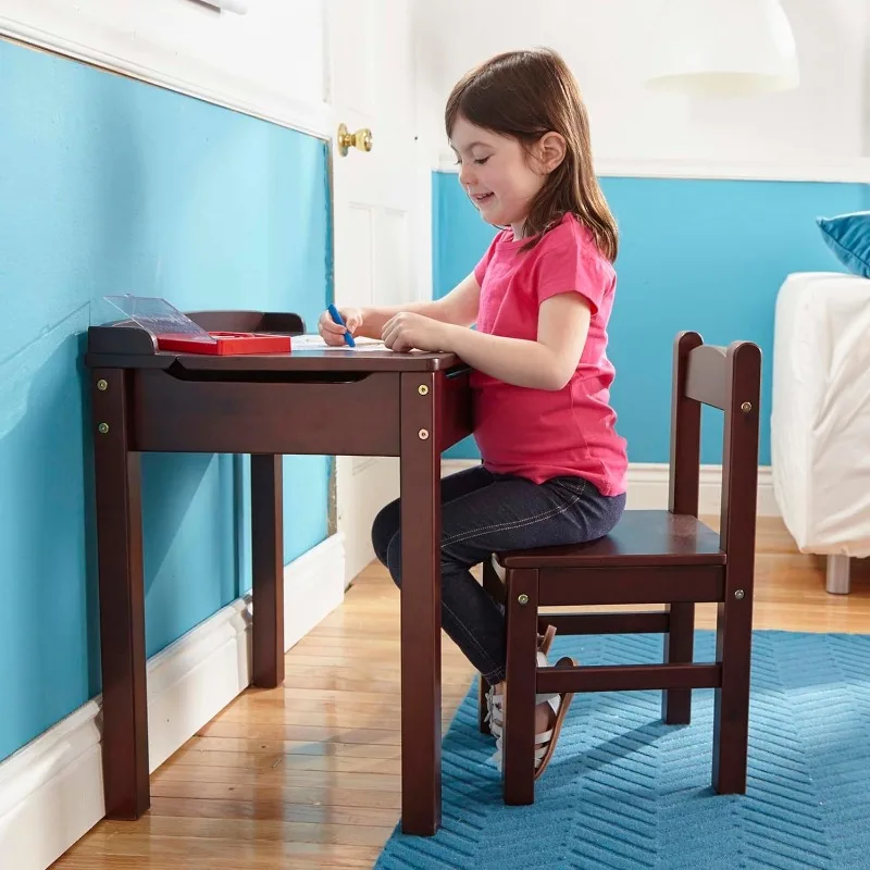 Escritorio y silla con elevador de madera Espresso, muebles para niños, juego de escritorio y silla para niños pequeños, escritorio de actividades para niños pequeños